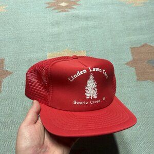 Vintage trucker hat mesh cap linden lawn care Swartz creek Michigan tree red